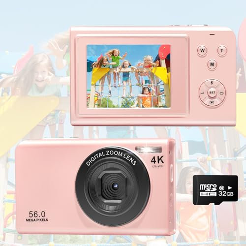 Digitalkamera, AutoFocus 4K Fotoapparat Fotokamera mit 32GB Speicherkarte,16X Digitalzoom,56MP with 2,7 großem Bildschirm, Kompaktkamera Fotokamera für Kinder Einsteiger