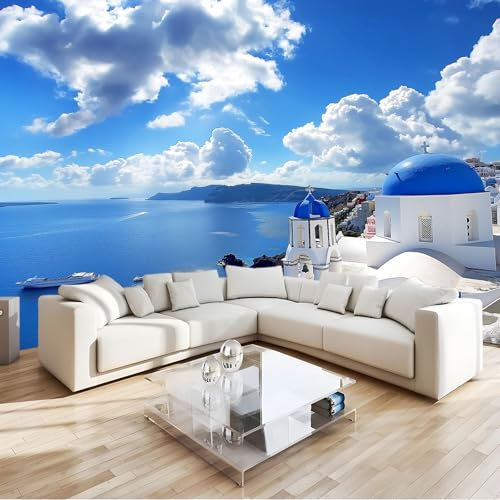 Fototapete 3D Effekt Insel Santorini Griechenland Blau Tapete Wandtapete Wanddeko Design 300x210 cm Mustertapete Wand Dekoration Wohnzimmer Schlafzimmer Büro Flur