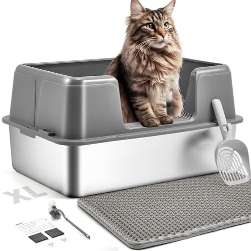 Papettly Arenero Acero Inoxidable Gatos, 60x40x31cm Arenero Gatos Cubierto, Arenero Gato Grande XXL con Tapete para Arena para Fatos, Pala para Arena, Cepillo para Caja, Antifugas, Fácil de Limpiar
