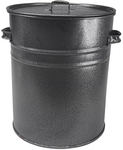 30L Antique Silver Ash Bin Bucket with Lid & Handles for Fireplaces Fire Pits Wood Coal Burning Stove Metal Charcoal Bin Box Outdoor or Indoor Galvanised Steel 30 Litre