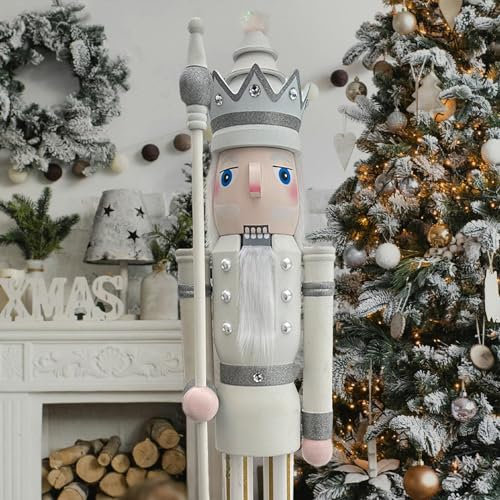 CDL 180cm 6Ft Tall Life-Size Large/Giant White Glitter Christmas King On Stand Holds White Scepter For Indoor Outdoor Xmas/Event/Wedding Decoration (6 Feet, King White K30)