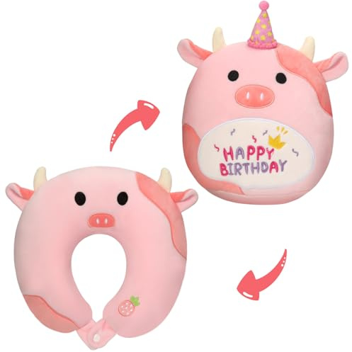 Nackenkissen Kinder 2 In 1, NackenhöRnchen Kinder mit Katze Plüschkissen, Verformbares 25CM Happy Birthday Plüschtier, U-förmige Katze Plüschtier Reisekissen Kinder für Flugzeug, Auto, Nickerchen