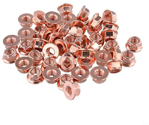 Floweringbeter 50 Pcs Nuts,Exhaust Serrated Spin Hex Lock Nut M8x1 25 Hex Copper Self Locking Replace Set,10Mm Wrench Size M8x1.25 Copper Exhaust Manifold Nut