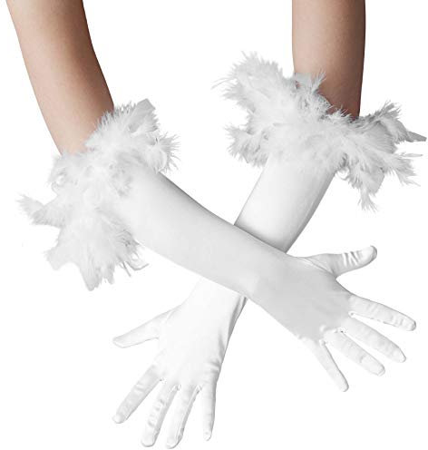 dressforfun 901030 Damen Handschuhe mit Federn, elegante Opern Federhandschuhe, Fasching Karneval - diverse Farben - weiß