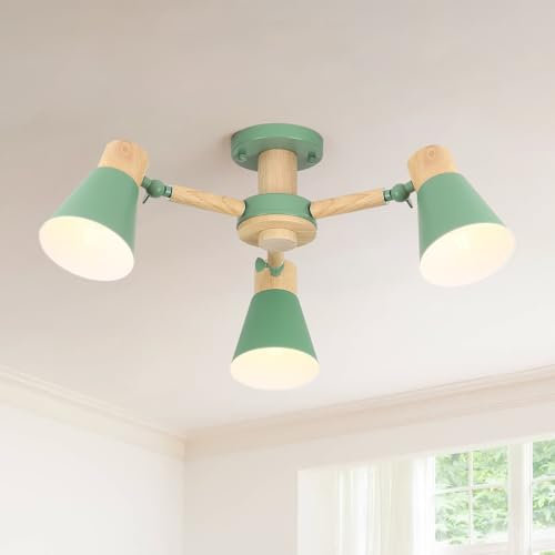 Schindora Deckenlampe Grün 3-Lichter,Holz Und Eisen Deckenleuchte Esstisch Ø55Cm E27 KüChe Lampe Verstellbare Licht Arme Modern Lampe Wohnzimmer For Home Schlafzimmer Esszimmer