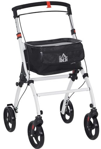 HOMCOM Andador para Ancianos Plegable de Aluminio Andador para Personas Mayores con 4 Ruedas y Bandeja Andador con Altura Ajustable Frenos de Maneta y Bolsa de Transporte Blanco
