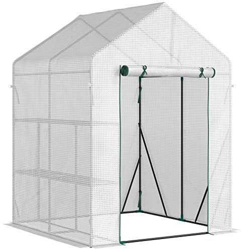 Outsunny Invernadero de Exterior Invernadero Pequeño con 4 Estantes Puerta Enrollable con Cremallera y Marco de Acero Invernadero para Cultivos Plantas Flores 143x143x195 cm Blanco