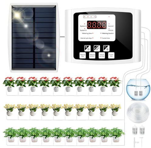 Solar Bewässerungssystem Garten Automatische Bewässerung, 2025 Doppelpumpe Bewässerungssystem Garten 20M Schlauch Bewässerungssystem Balkon 30 Topfpflanzen für Garten, Pflanzen,Freien, Kübelpflanzen