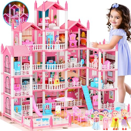 Big Dream Doll House for Girls with 5 Stories 19 Rooms, Dolls, Mat, LED Light, Furnitures, Puppie, Accessories, Toddler Dollhouse Gift for for 3 4 5 6 7 8 9 10 Year Old Girls Toys
