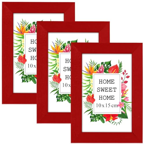 MG Design Set aus 3 Rot Bilderrahmen A6 10 x 15 cm – Aus echtem Holz mit Acrylglas, zum Aufhängen & Aufstellen, für Fotos, Poster & Puzzle