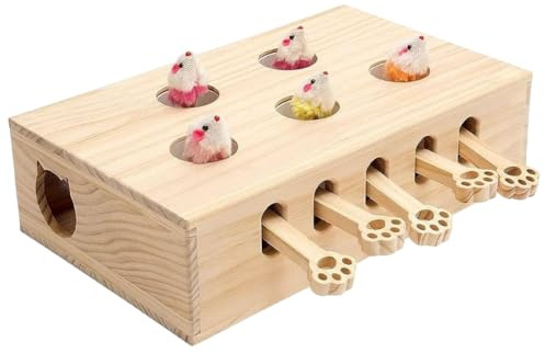 Pufei Cats Whack A Mole Game Whack A Mole Cat Toy 3/5-Holed Solid Wood Cat Toy Interactive Wooden Toy Box for Indoor Cats
