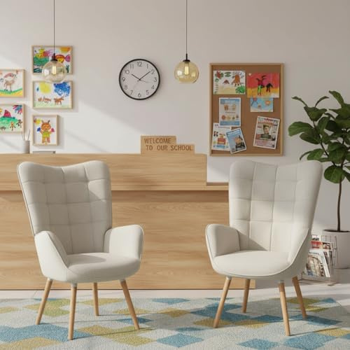 FURNISH 1 Sessel in Beige mit bequemer gepolsterter Sitzfläche und dicker Rückenlehne für den Empfang zu Hause, Sessel aus langlebigem Stoff mit Holzfuß für Eingangshallen von Schulen