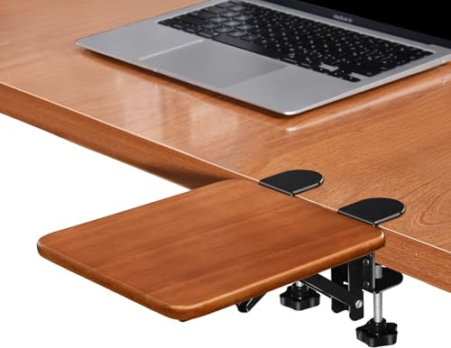 nediea Ergonomic Desk Extender Tray, 8.2x7.6 Table Mount Arm Wrist Rest Shelf, 90° Foldable Elbow Support, Clamp on Computer Arm Rest for Desk, Office & Home Use, Wood
