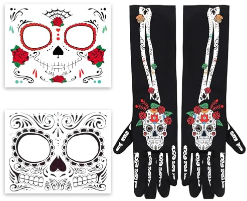 JqruiTbeis 3-teiliges Set mit Handschuhen und Gesichtstattoos，Tag Der Toten Kostüm Damen, Dia De Los Muertos Kostüm Damen, Dias De Los Muertos Kostüm Damen, La Catrina Kostüm