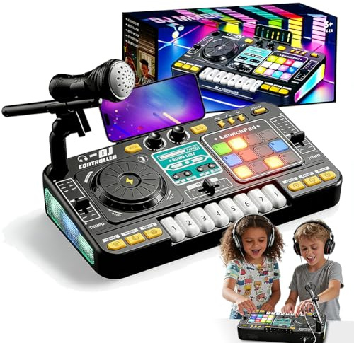 DJ Mischpult Kinder 3–10 Jahre – DJ Pult Spielzeug mit Mikrofon, LED Licht, 100+ Soundeffekten, Piano-Tasten, Scratch & Aufnahme, DJ Controller Musikspielzeug für Jungen Mädchen, Geschenk für kleine D