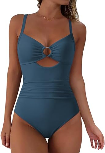 RXRXCOCO Damen Badeanzug Wickeloptik V Ausschnitt O-Ring Zierausschnitten Bauchweg Raffungen Einteilige Bademode Swimsuit