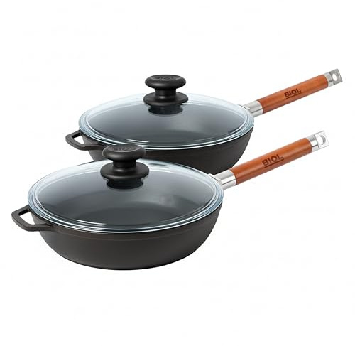 BIOL Gusseisen Pfannen Set 24 cm + 26 cm mit Glasdeckeln - 2-teilig - Mit abnehmbaren Holzgriffen - Für Induktion, Gas, Ceran, Grill & Backofen geeignet (Set 24/26 cm + Deckel)