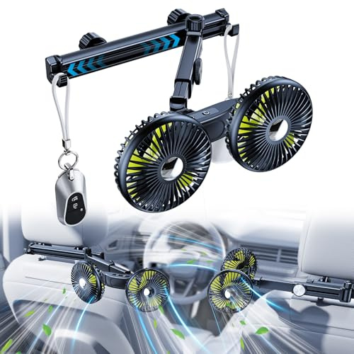 NIFBANG Ventilador con batería para coche, reposacabezas silencioso, incluye encendedor de cigarrillos de 12 V y 24 V y cable de carga USB C, giratorio 360°, pequeño ventilador de batería para coche