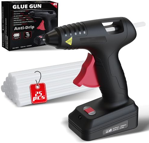 Kabellose Lithium-Akku-Heißklebepistole, 4V-kompatibel, 2000mAh Akku, 25W Leistung, tropffreie Düse & Überhitzungsschutz, Type‑C-Schnellladung, automatische Abschaltung nach 5 Minuten, ideal für DIY-B