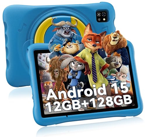 Kids Tablet 10 Inch, Android 15 Tablets, 12GB RAM, 128GB ROM/512GB TF, Blue | Dual Cameras 8MP + 5MP, WiFi 6 & Bluetooth, Eye-Friendly HD, Parental Control, Kid-Proof Case, Great Gift for Kid and Family