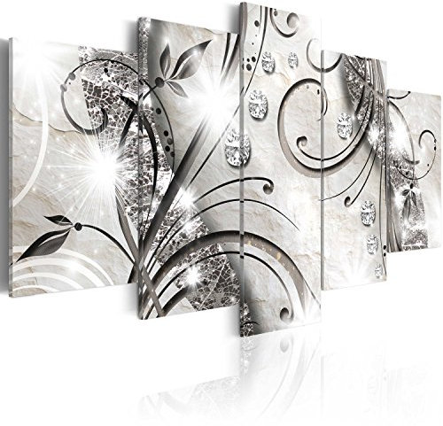 B&D XXL - Wandbilder XXL Abstrakt 225x112cm 5 tlg - Wand Deko Leinwand Bilder Groß Wanddeko Wohnzimmer Schlafzimmer Kunstdrucke - Brillante Ornament beige schwarz silber