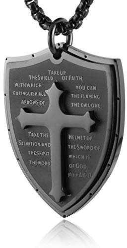 HZMAN Armor of God Ephesians 6:16-17 Edelstahl Glaube Kreuz Schild Halskette Anhänger für Männer Schmuck Geschenk (Schwarz)