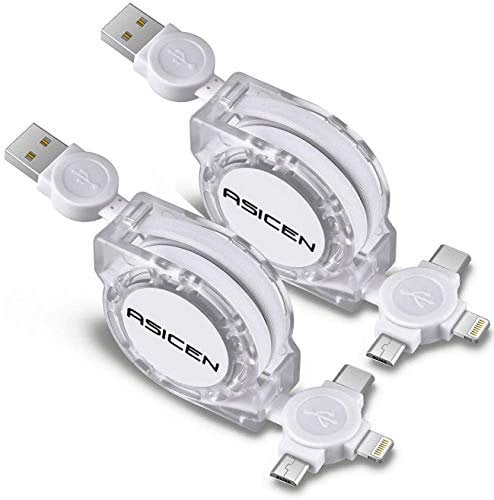 ASICEN 3 in 1 Einziehbares Ladekabel, Multi USB Kabel [2Stück,1M], Universal Handy Ladekabel, Mehrere Schnelllade Kabel mit Lightning/Typ C/Micro USB für iPhone/Samsung Galaxy/Huawei/LG/Pixel/PS