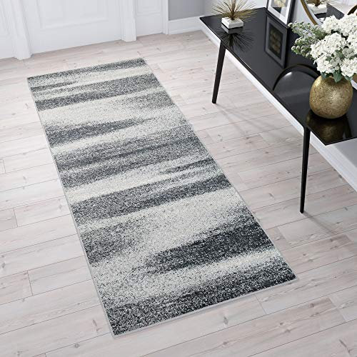 TAPISO Sari Teppich Läufer Flur Kurzflor Küche Wohnzimmer Modern Streifen Linien Meliert Verwischt Muster Creme Grau ÖKOTEX 100 x 500 cm