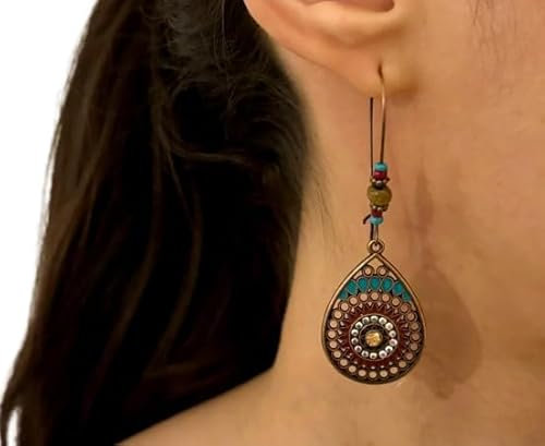 ✿ KUPFER TROPFEN BOHO ETHNO MANDALA EMAILLE KRISTALL ✿ Holz Ohrringe an langen Kidney Haken mit kleinen Perlen in rot blau