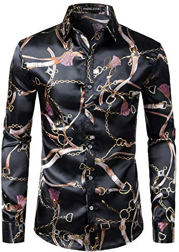 PARKLEES Men's Casual Luxury Printed Silk Like Satin Button Down Dress Shirt for Party Wedding PZLCL11 Black S
