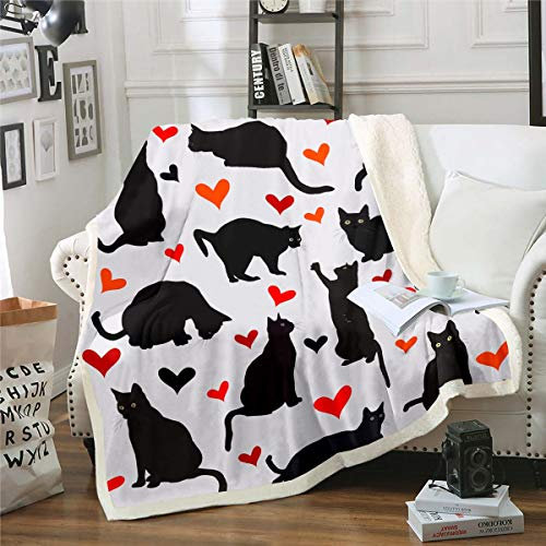 Coperta in pile Sherpa, con stampa di motivo gatto nero in stile cartone animato 3D, carina, a tema animali, morbida, per divano e letto, per bambini, ragazzi e ragazze, 75 x 100 cm