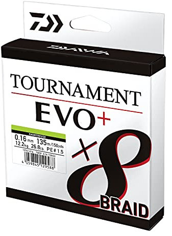 Daiwa Tournament x8 Braid EVO+ 0.10mm, 6.7kg/14.7Lbs, 135m, Chartreuse, Geflochtene Angelschnur, 12761-010