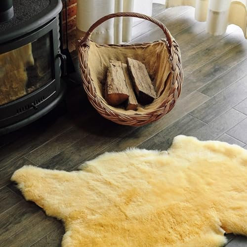 Sheepmania Lammfell Teppich - Lammfell Echt - Carpet - ungeschorenes, dichtes Langhaar-Schaffell - Teppich - Fellteppich- Decke - Unterlage im Kinderwagen - Goldgelb