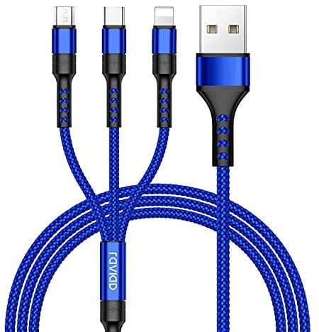 RAVIAD Multi Cavo di Ricarica, 3 in 1 Multiplo Cavetto [1.2M] Micro USB Tipo C Nylon Intrecciato Cavo di Ricarica USB per Samsung S10/S9/S8/S7, OnePlus, Smartphone- Blu