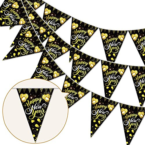 HOWAF Silvester Deko 2025 Neujahr Deko Banner Silvester dekoration Schwarz Gold Happy New Year Girlande Silvester Wimpel Girlande Aufhängen Wimpelkette für Silvester party Deko
