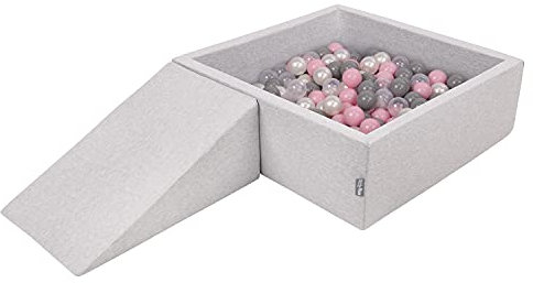 KiddyMoon Aire De Jeux en Mousse avec Carré Piscine À Balles (200 Balles) pour Enfants, Gris Clair: Perle/Gris/Transparent/Rose Poudré