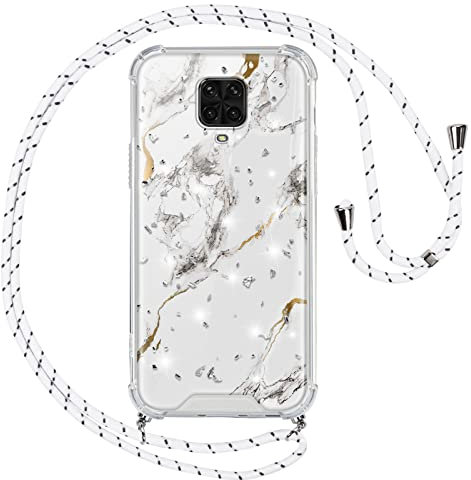 Vauki Handykette Hülle für Xiaomi Redmi Note 9(4G), Necklace mit Marmor Glitzer Handyhülle mit Band Transparent Silikon Kordel zum Umhängen Schutzhülle mit Schnur Case für Redmi Note 9 6,53, Weiß