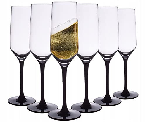 Solavia Lot de 6 flûtes à champagne en verre transparent avec pied noir 220 ml