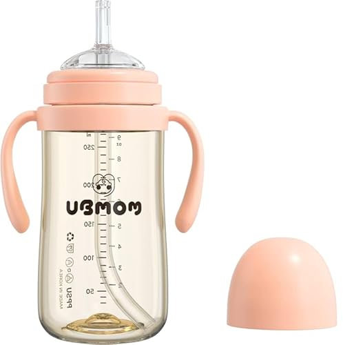UBMOM Senza fuoriuscite, antiriflusso, tazza con cannuccia, PSU con manico per neonati e bambini, senza BPA, 270 ml (fragola)