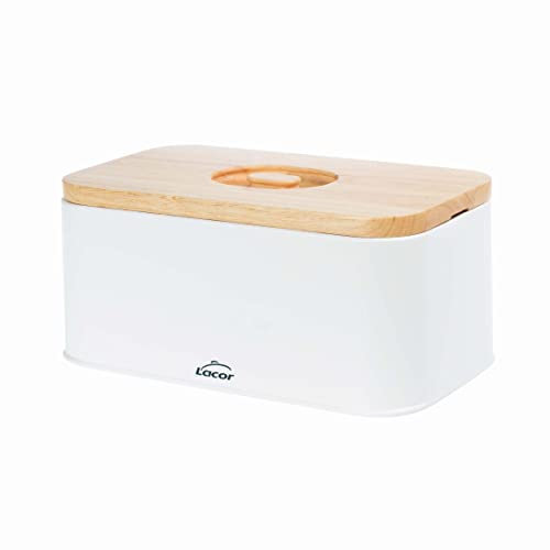 LACOR - 62868 - Panera estilo Nórdico de Acero de Carbono,Tapa de Madera de Caucho, Diseño Vintage 2 en 1: la tapa sirve como tabla de cortar, medidas 30x18x12.5cm, Blanco mate