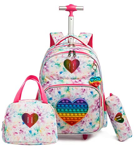 HTgroce Mochila Escolar con Ruedas Niña Fidget Toy Pop Its Mochilas con Carrito Escolares Bolso 3 in 1, Incluye Estuche para lápices y lonchera Mochilas Escolares con Carro.