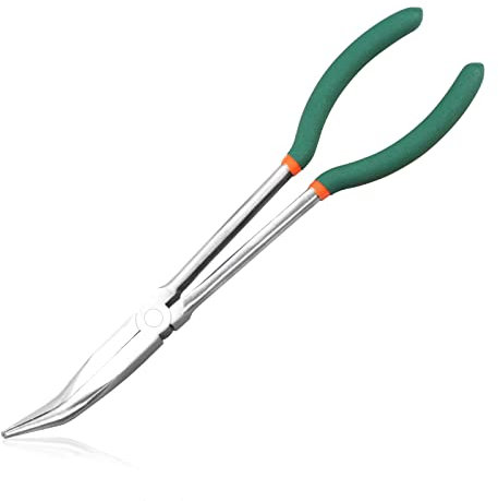LEONTOOL 11 Inch Bent Nose Pliers 45 Degree Long Reach Pliers with Serrated Teeth Straight Extra Long for Hard-to-Reach Narrow Spaces and Limited Clearance Areas