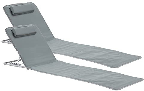 [en.casa] Set 2 Materassini Prendisole Pieghevoli Schienale Reclinabile 5 Posizioni Poggiatesta Tasca Posteriore Lettini per Spiaggia Giardino Campeggio con Borsa Trasporto - Grigio Scuro