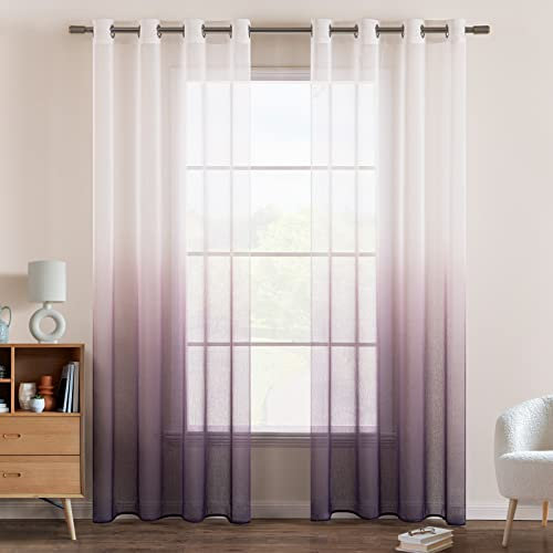 EMEMA Gardinen Transparent Vorhänge Voile Sheer Vorhang mit Ösen Farbverlauf Dekoschal Fensterschal für Schlafzimmer und Wohnzimmer 145 cm x 140 cm(H x B) 2er Set Weiß Lila