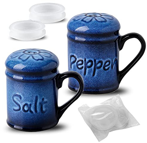 Nihow Ceramic Cute Salt and Pepper Shakers Set: 2.6 Inch Salt and Pepper Set/Sugar Salt Shaker with Handle for Counter -Resist Rusting Seasoning Shaker -Elegant Black & Blue (Set of 2)