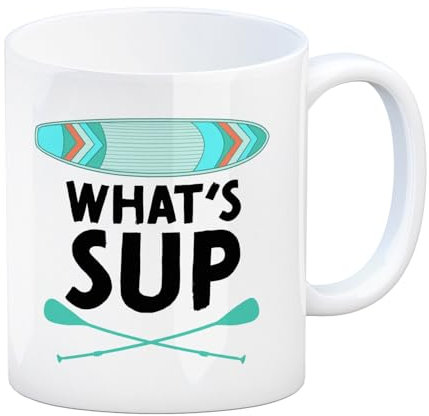 speecheese What's sup Kaffeebecher für stand up paddler witzige Kaffeetasse für SUPer mit Paddleboard und lustigem Spruch um den Kaffee am Lieblingssee zu genießen