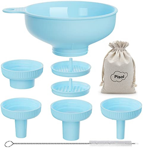Pisol Wide Mouth Versatile Funnel, Canning Funnels for Kitchen Use, Food Grade Plastic Cooking Funnel Set with 4 Size Spouts and 2 Strainers for Filling Different Bottles and Bags, Blue