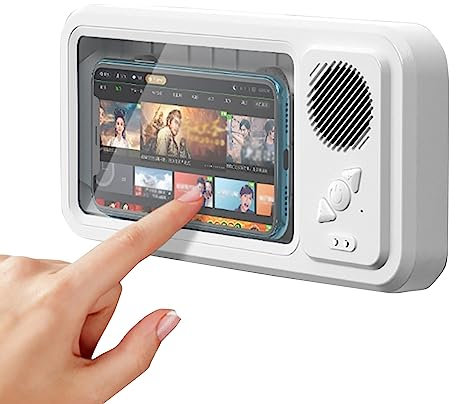Support De TéLéPhone De Douche éTanche, Support De TéLéPhone Mural pour Salle De Bain Miroir Baignoire Cuisine, Jusqu'à 7 Pouces, Support De TéLéPhone De Douche avec Haut-Parleur Bluetooth sans Fil (