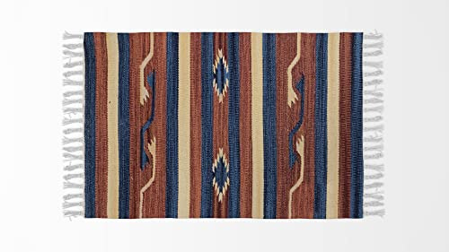 HOME ZEN HOUSEHOLD LINEN Teppich für Badezimmer, Küche, Schlafzimmer, Baumwolle, Art.Kilim mit Fransen, maschinenwaschbar, ethnisches Muster, bunt (55 x 180 cm, Design 5 Blumen)