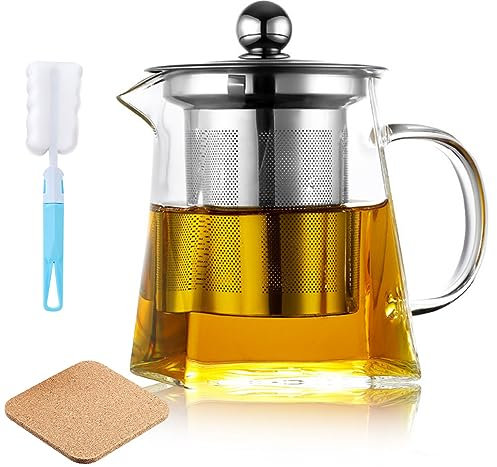 950ml Square Glass Teapot with Infuser, Borosilicate Tea Pot with Strainer, Cleaning Brush and Cork Coasters, Tea Pots for Blooming Tea, Loose Tea